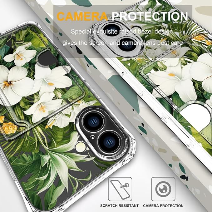 Compatible with iPhone 17 Case Card Holder for Women Cute Design,Wallet Phone Cases Transparent Cool Kawaii Protective (Clear Green Flowers Tropical Jungle)