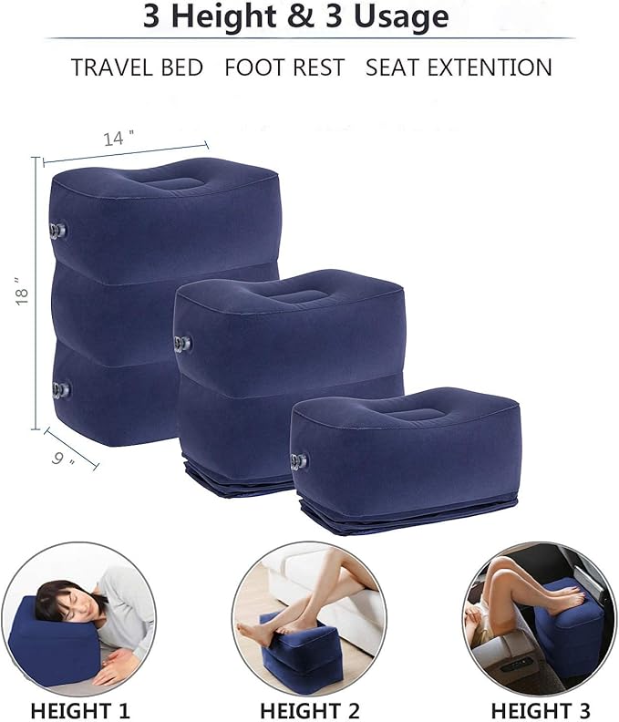 Inflatable Travel Foot Rest Pillow, Adjustable Height Leg Rest Pillow for Cars, Home, Office, Trains, Airplane, Make a Flat Bed for Baby, Kids, Toddlers, with 2in1 Storage Bag (Blue-2)