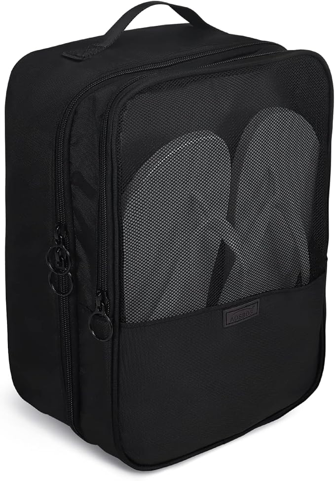Aosbos 2 Layers Shoe Bags for Travel with Trolley Sleeve Portable Shoe Storage Pouch Shoe Packing Cubes with Structure, Black