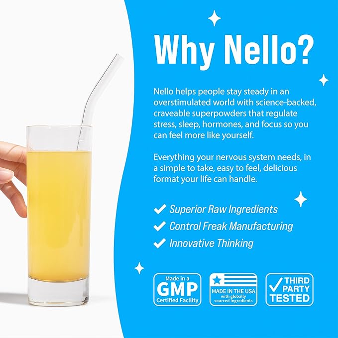 Nello Supercalm Powdered Drink Mix, Cortisol Reducer* and Sleep Aid Supplement, L Theanine, Ksm-66 Ashwagandha, Magnesium Glycinate, Vitamin D 3, No Sugar, Non GMO, On The Go, 20 Ct, Pineapple Mint