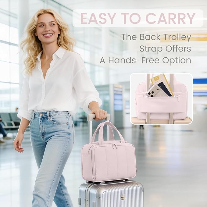 Cute Puffy Toiletry Bag for Women,Large Makeup Bag,Travel Cosmetic Bag with Adjustable Dividers & Trolley Sleeve,Toiletries Organizer,Light Pink