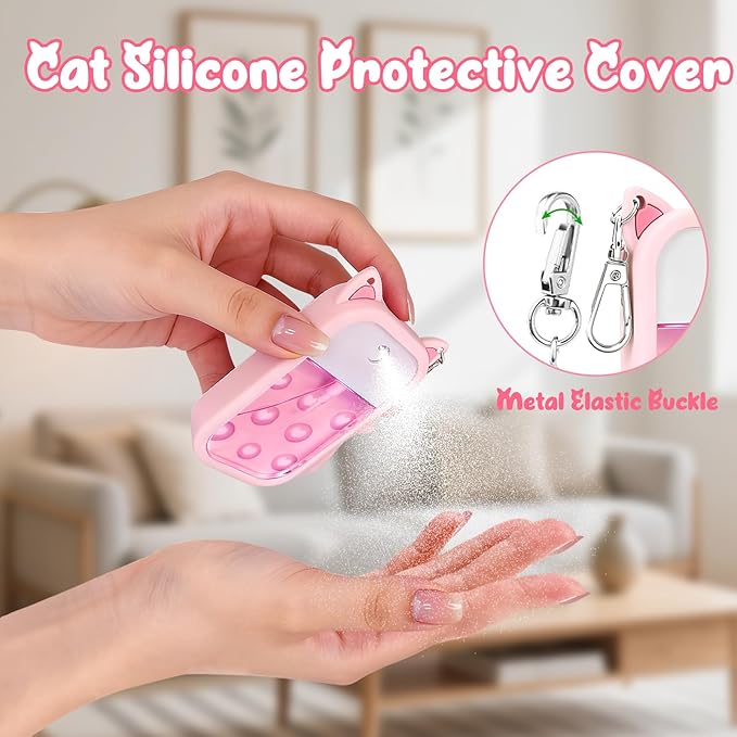Cat Silicone Case for Touchland Hand Sanitizer Spray with Keychain & Charms,Compatible with Power Mist & Glow Mist 1 FL Oz/30ML for Touchland Case,Cute Travel Cover Sleeve Accessory (Pink Cat)