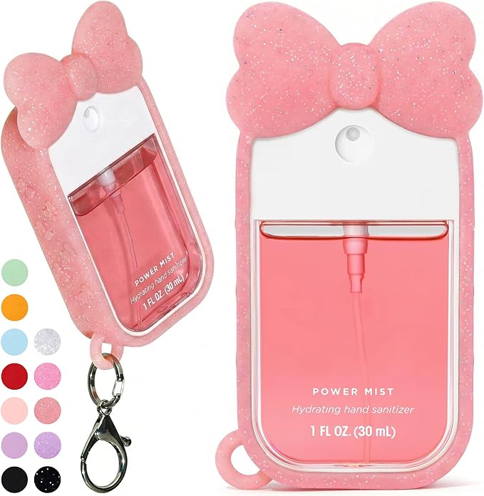 Silicone Bow Case Compatible with Touchland Hand Sanitizer Spray 1 oz (30 mL), Cute Holder with Keychain Clip, Gift for Girls