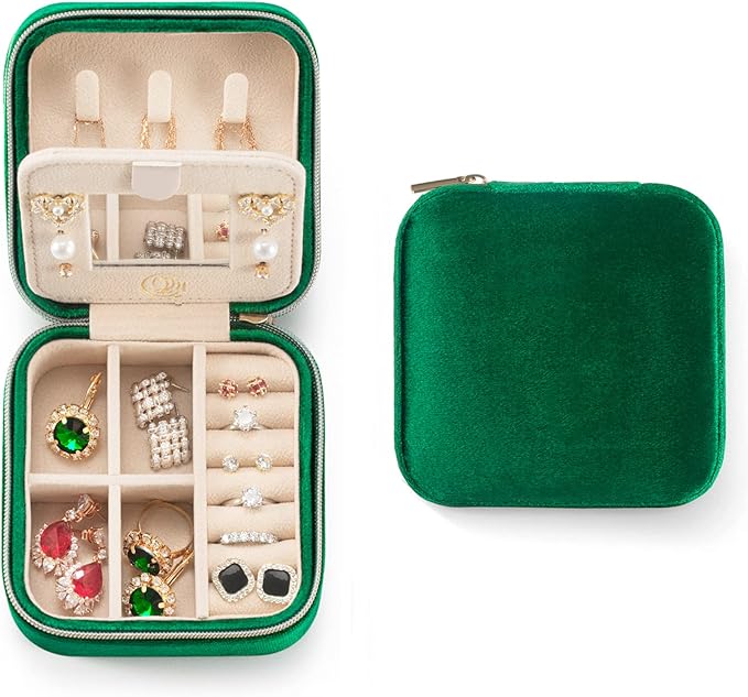 ZPROW Plush Velvet Travel Jewelry Case, Organizer, Box, Small Case for Women, Earring Organizer with Mirror, Best Gifts For Daughter, Girlfriend, Mom | Gifts For Her - Emerald Green