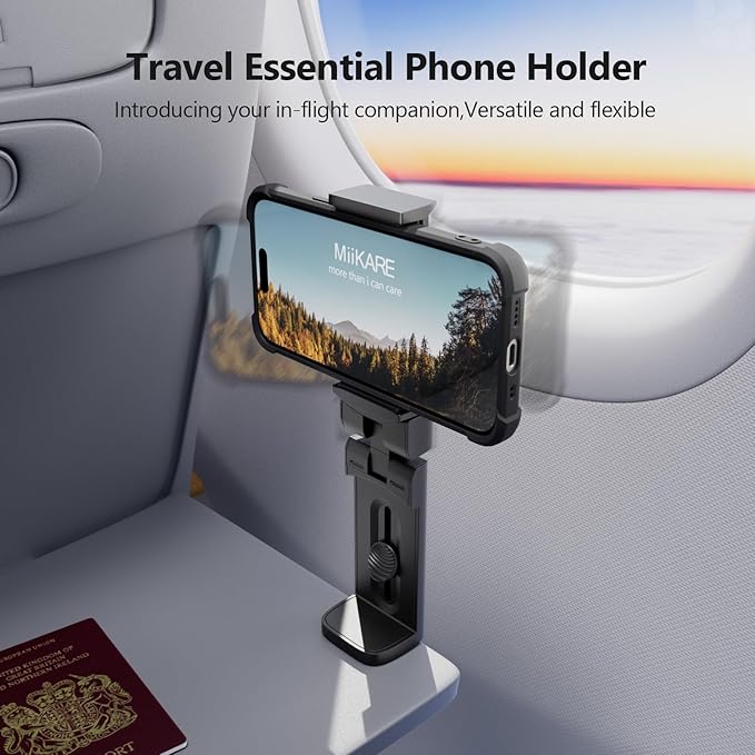 MiiKARE Airplane Travel Essentials Phone Holder, Universal Handsfree Phone Mount for Flying with 360 Degree Rotation, Accessory for Airplane, Travel Must Haves Phone Stand for Desk, Black&White