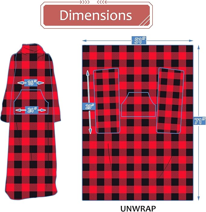 Solaris Travel Wearable Blanket with Sleeves, 2 in 1 Packable Airplane Pillow Blanket for Adult Women Men, Soft Cozy Warm Snuggy Body Blanket for Outdoor Indoor Home Lounge, Red Plaid