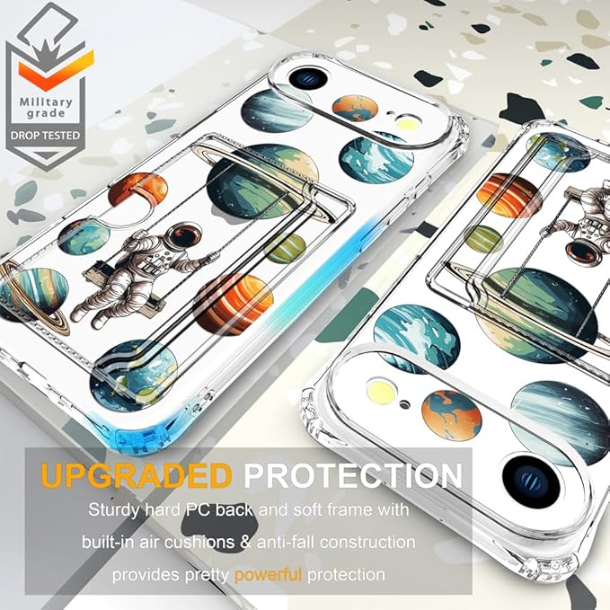 Compatible with iPhone 17 Air Case Card Holder for Women Cute Design,Wallet Phone Cases Transparent Cool Kawaii Protective (Clear Astronaut Space Planets)