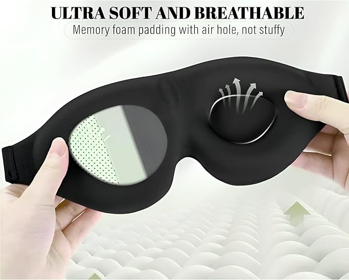 Sleep Eye Mask for Side Sleepers, 3D Contoured Blackout Blindfold for Women & Men, Soft Memory Foam Silk Sleep Mask, Adjustable Light Blocking Eye Cover for Travel, Nap, Cooling Comfort