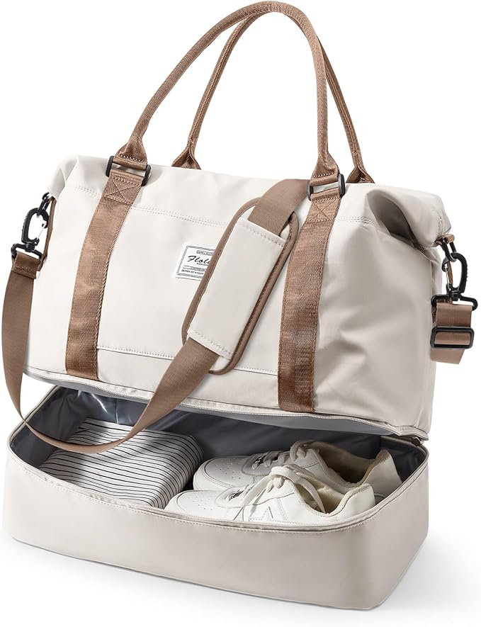 Travel Duffel Bag, 18x14x8 Inches Travel Bag Spirit with Shoes Compartment, Weekender Overnight Bag for Women with Trolley Sleeve, Carry On Bag for Airplanes Sport Tote Gym Bag BeigeBrown