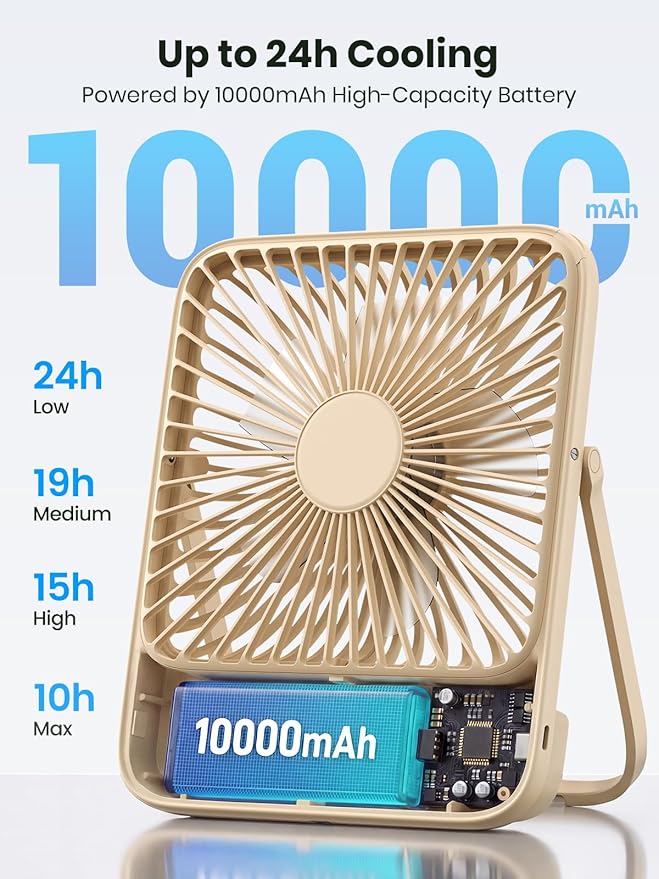 Warmco 10000mAh Portable Travel Fan 7-inch, Max 24H Runtime, Ultra-thin Quiet Rechargeable Battery Operated Desk Fan with Digital Display for Camping, Office, Bedroom, Cruise Essentials