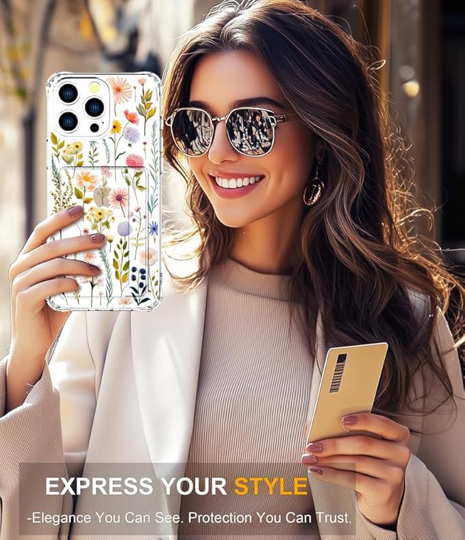 Compatible with iPhone 16 Pro Max Case Card Holder for Women Cute Design,Wallet Phone Cases Transparent Cool Kawaii Protective (Clear Watercolor Floral)
