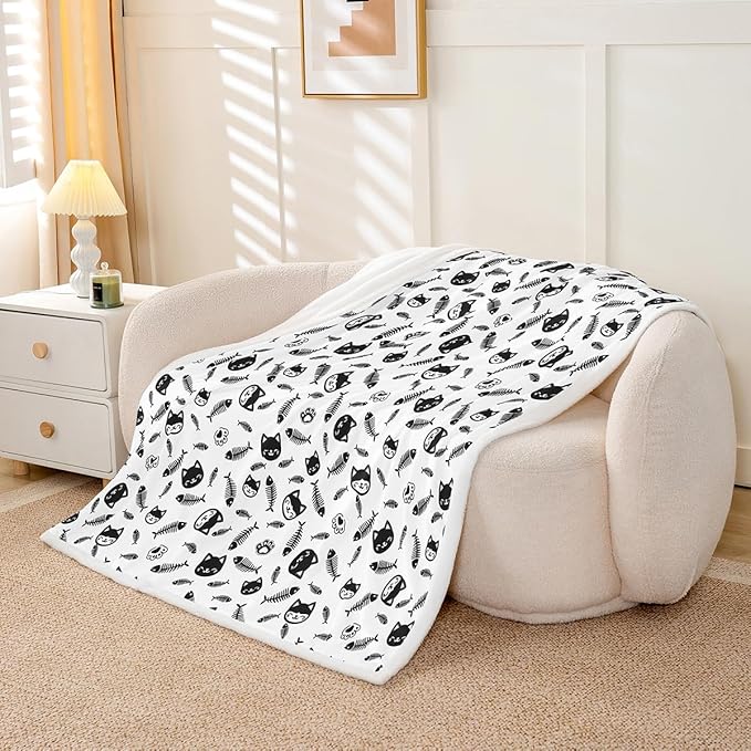 Cute Cats Kids Throw Blanket,Cartoon Cats Pets Paws Print Bed Blanket for Girls Boys Adults,Lovely Animals Kawaii Fleece Blanket,Black White Fuzzy Blanket,40 x 50 Inches