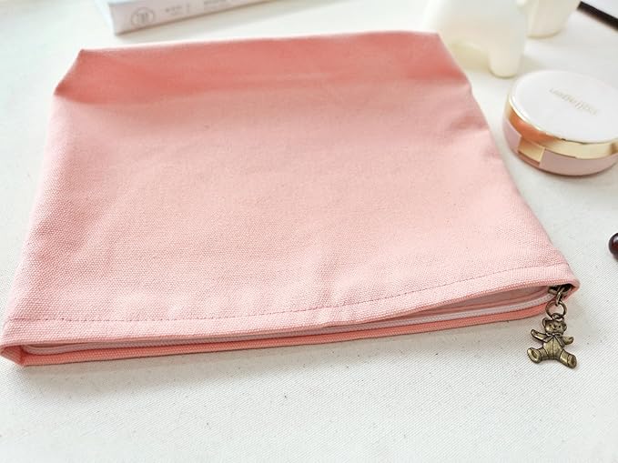 HAPPYHEIDI Canvas Pouch for Travel, Cosmetic Case, Solid Pink, Cotton Blend, Zipper Closure, 7.1x2.4x7 Inches
