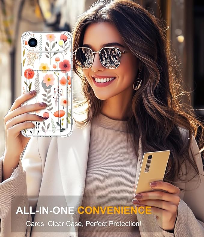 Compatible with iPhone 17 Air Case Card Holder for Women Cute Design,Wallet Phone Cases Transparent Cool Kawaii Protective (Clear Flowers Leaves)