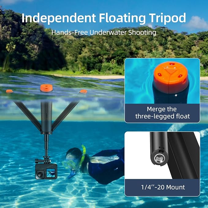 Floating Selfie Stick Hand Grip Tripod, Waterproof Extendable Selfie Monopod for GoPro Hero 13, 12, 11, 10, 9, 8, DJI OSMO Action 5 Pro 4 3、Insta360 Ace Pro 2 and Most Action Camera