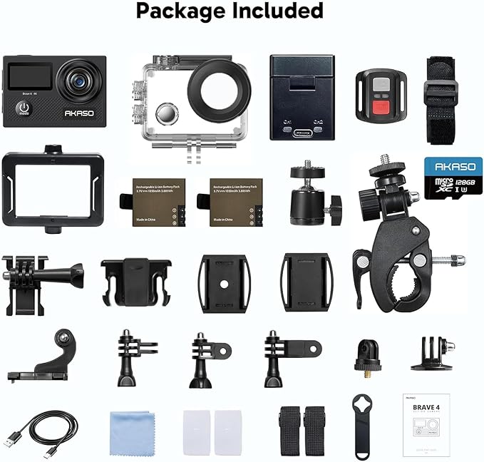 AKASO Brave 4 Action Camera with 128GB MicroSDXC U3 Card 4K30FPS 20MP Ultra HD 131FT Waterproof Underwater Camera EIS WiFi Remote Control 5X Zoom Sport Camera with Motorcycle Bicycle Accessories Kit