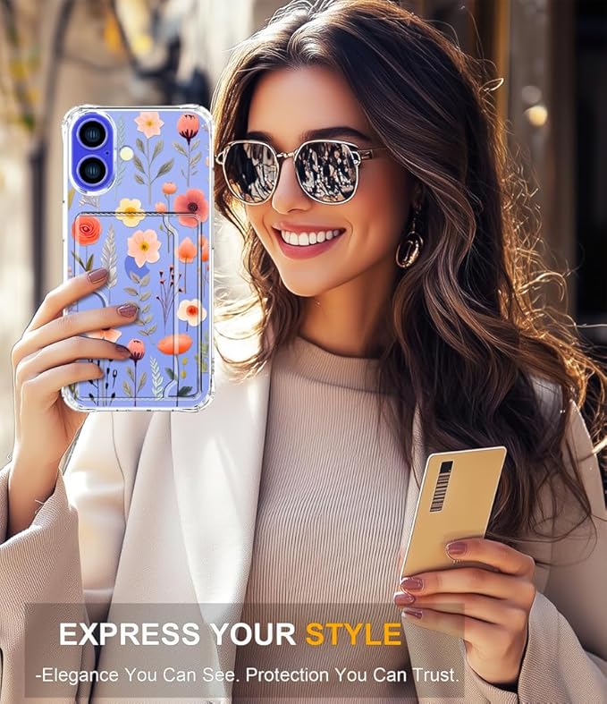 Compatible with iPhone 17 Case Card Holder for Women Cute Design,Wallet Phone Cases Transparent Cool Kawaii Protective (Clear Flowers Leaves)