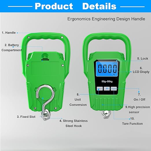 SKEAP Digital Fish Scale Hanging Scale Fishing Scale,110lb/50kg Luggage Scale,Upgrade Large Handle & Backlit LCD Display, Electronic Balance Digital Fishing Postal Scale,Green,Fishing Gifts for Men