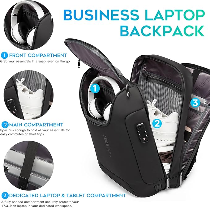 BANGE Anti-Theft Backpack with USB Charging Port for Men, 17.3 Inch Business Laptop Backpack, TSA Approved Lock & Waterproof Zippers, Large Travel Computer Bag
