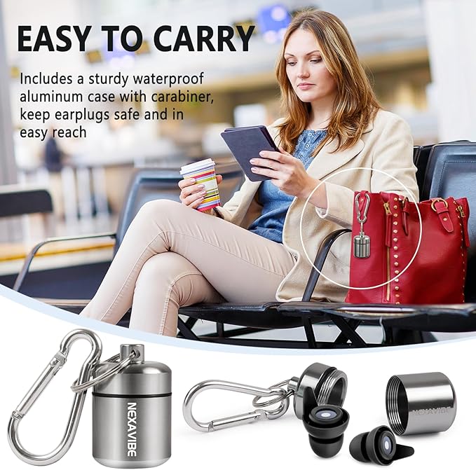 Noise Canceling Earplugs for Airplane: 27dB Reduction, Ear Pressure Relief. 2 Pairs, 3 Sizes (Kids & Adults). Reusable Silicone, Aluminum Case. Ideal for Concerts, Motorcycle, Sleeping