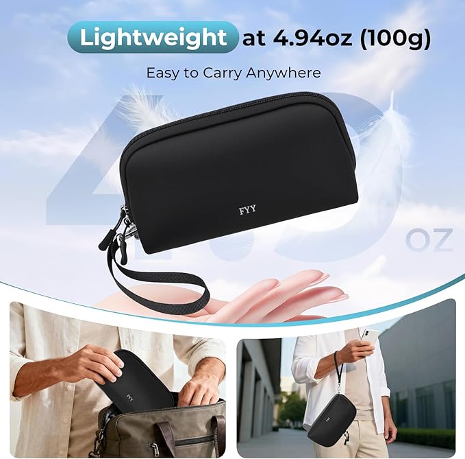 FYY Travel Cable Organizer - 8 Compartments Lightweight Water Resistant Tech Pouch with Wrist Strap, Portable Electronic Accessories Case for Cord Charger Storage for Travel Home Office Black (Large)