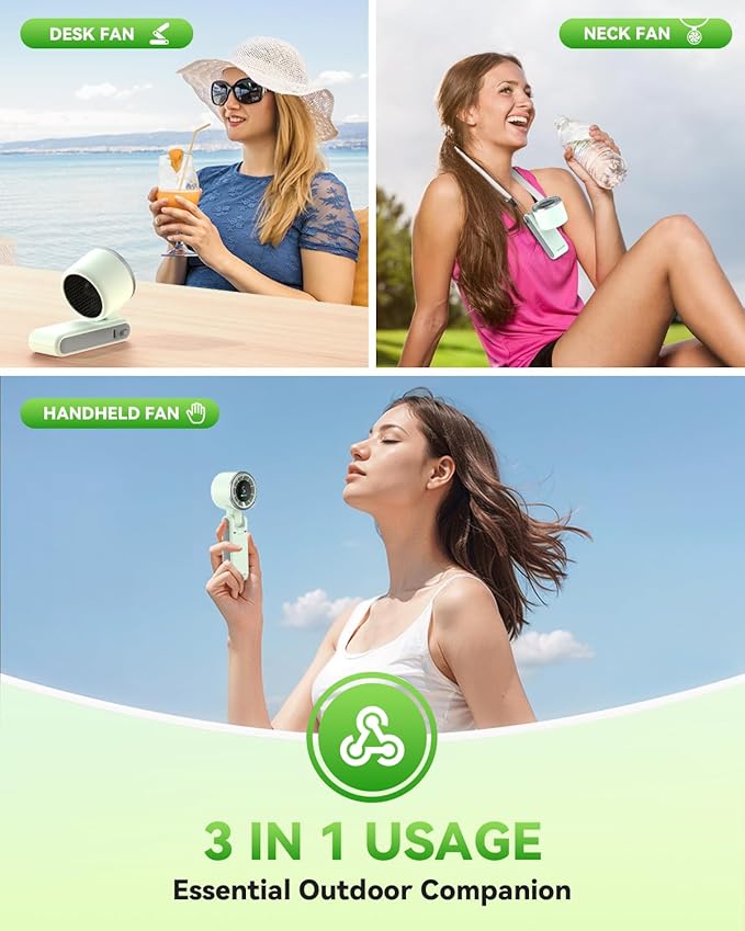 PlayHot Portable Handheld Turbo Fan, 5 Gear Wind, Battery Operated, Up to 12 Working Hours, 3 IN 1 Hand Fan with Air Turbo Tech Cooling Fans for Outdoor Activities, Travel, Beach (Green)