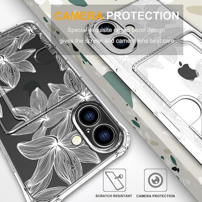 Compatible with iPhone 16 Plus Case Card Holder for Women Cute Design,Wallet Phone Cases Transparent Cool Kawaii Protective (Clear Flower White)