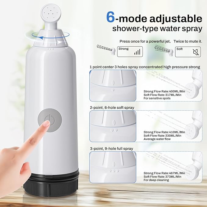 Portable Bidet for Travel with 6 Spray Settings, High Pressure Handheld, Rechargeable Electric Portable Bidet for Women & Men (White)