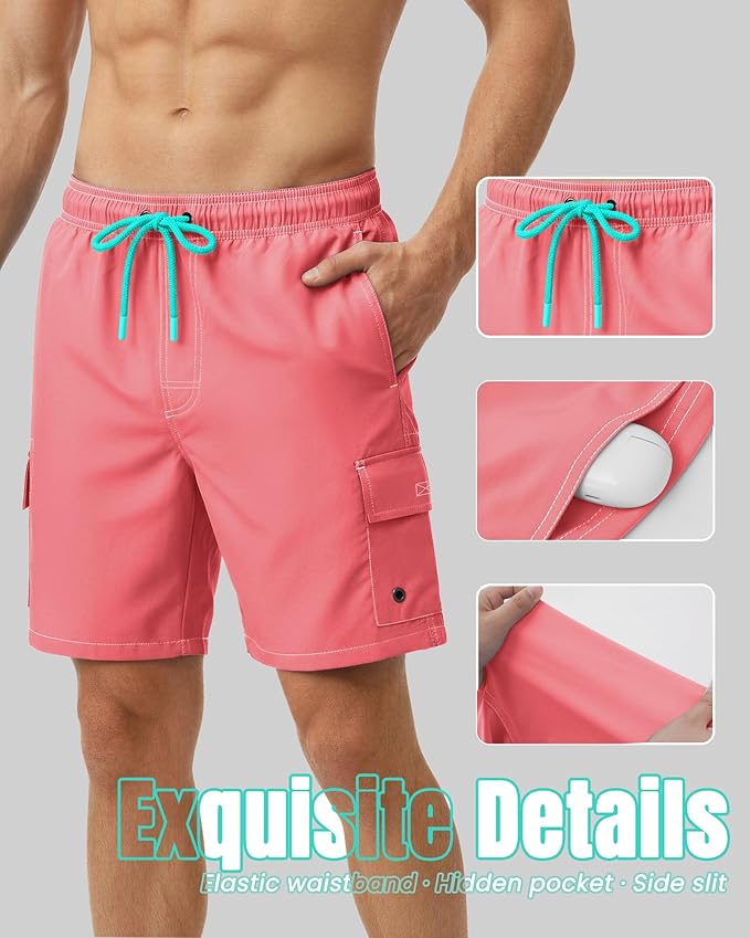 Men Swim Trunks with Compression Liner Quick Dry Breathable Multi Pockets for Summer Beach Cruise Water Park