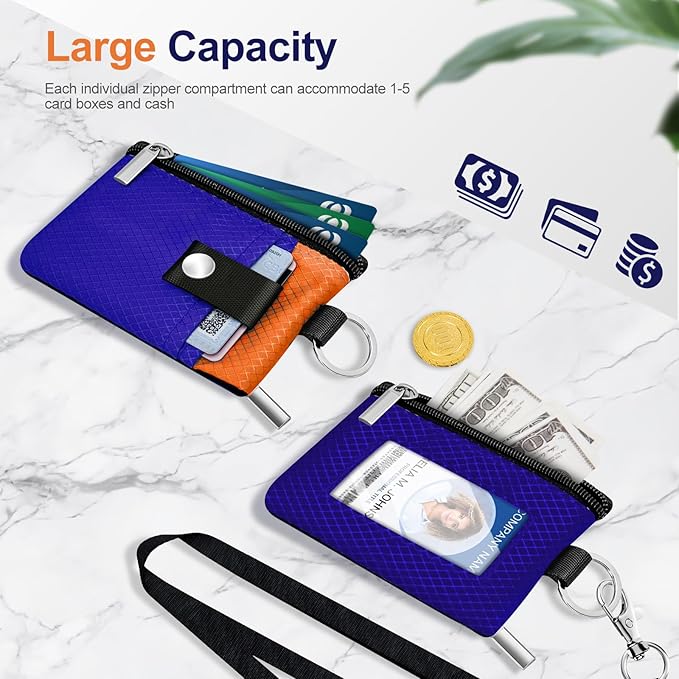 Minimalist RFID Blocking Small Wallet with ID Window,WaterResistant Zip Id Case Wallet with Lanyard Keychain for Cards,Cash,Travel,Women,Men (Sapphire Blue/Orange)