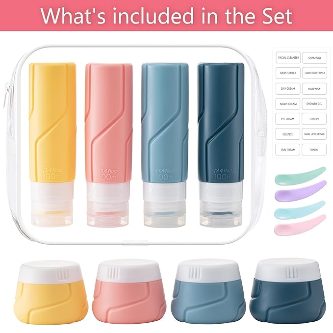 Travel Bottles for Toiletries 15 Pack, TSA Approved Travel Size Containers 3oz, LeakProof Silicone Squeezable Creams Jars, Refillable Toiletry Bottles for Shampoo, Conditioner (Blue)