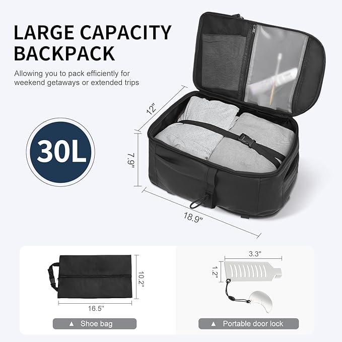 Carry on Travel Backpack, Flight Approved Personal Item Bag for Men Women, Door Lock, USB A/C Port, Shoe Bag, Fits 16" Laptop, Black