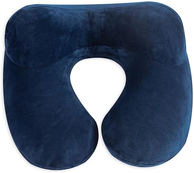 Inflatable Travel Pillow, Neck Pillow Support for Traveling, Airplanes, Cars, and Offices with Compact Carrying Bag, Soft Velvet Washable Cover, Ideal for Adult Sleepers (Blue)