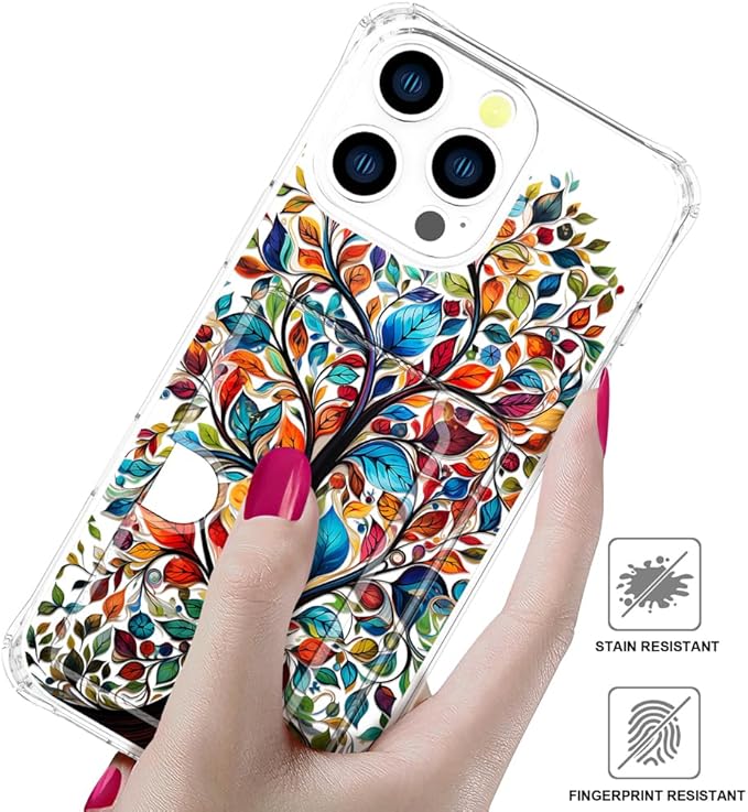 Compatible with iPhone 16 Pro Case Card Holder for Women Cute Design,Wallet Phone Cases Transparent Cool Kawaii Protective (Clear Tree Colorful Leaves)