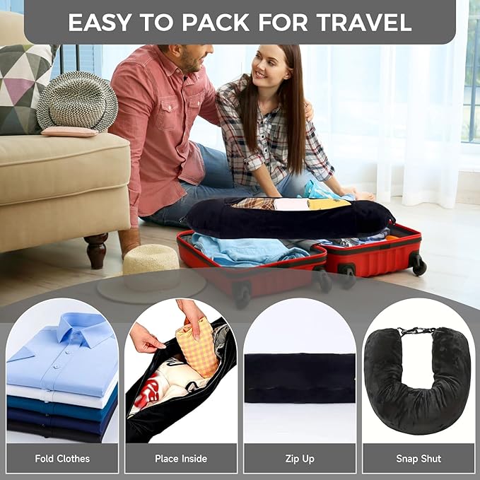 Flight Pillow Stuffed Neck Pillows Storage Bag Adjustable U-Shapes Airplane Pillow with Extra Luggage Soft Car Travel Essentials No Filler Gray