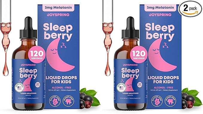 JoySpring SleepBerry - Kids Melatonin Liquid - 3MG Melatonin with D3 and Elderberry - Sugar-Free Liquid for Kids & Teens – Gentle Natural Sleep Support Formula (4 fl oz) (Pack of 2)