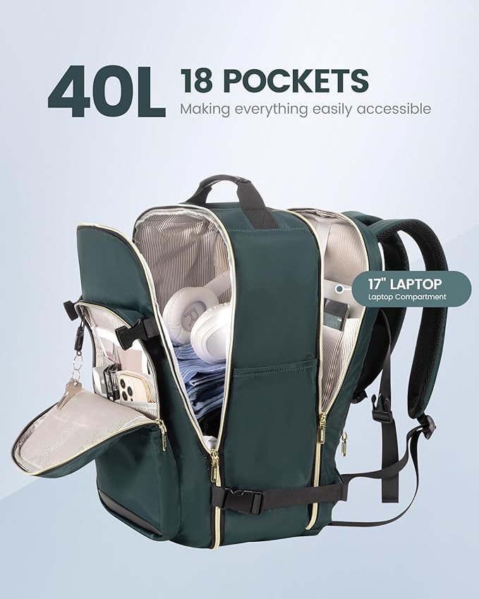 LOVEVOOK Travel Backpack for Women & Men 40L,Airline Approved Carry On Backpack Travel Essentials,TSA Carry on Luggage,Waterproof Personal Item Travel Bag,Suitcase with 3 Packing Cube,Dark green-Black