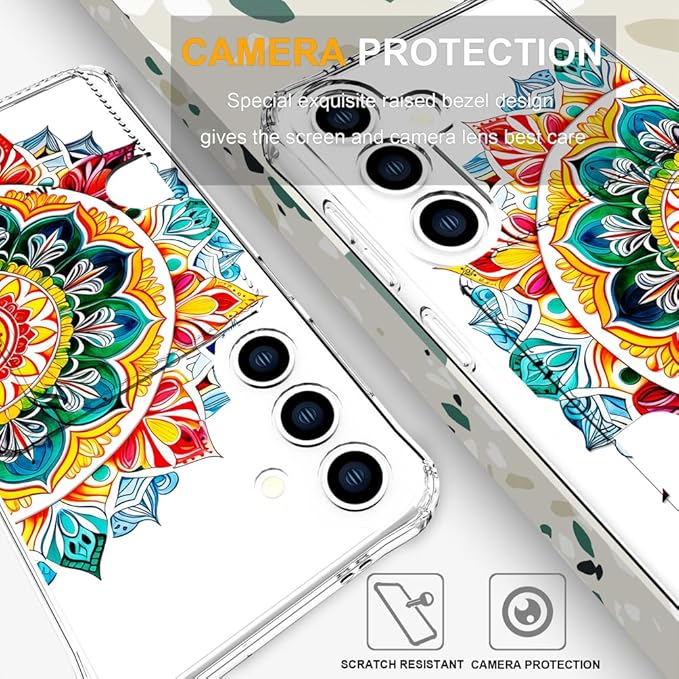 Compatible with Samsung Galaxy S24+ Plus / S25+ Plus Case Card Holder for Women Cute Design,Wallet Phone Cases Transparent Cool Kawaii Protective (Clear Mandala Henna Flower)
