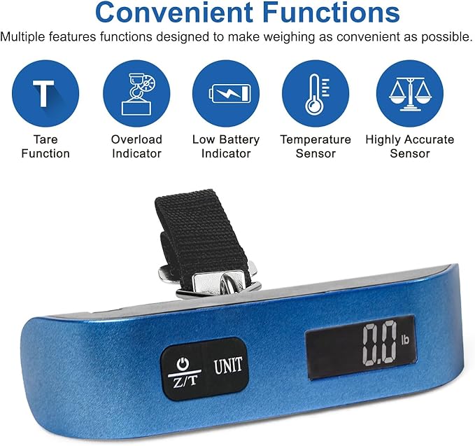 travel inspira Luggage Scale, Portable Digital Hanging Baggage Scale for Travel, Suitcase Weight Scale with Rubber Paint, 110 Pounds, Battery Included - Blue