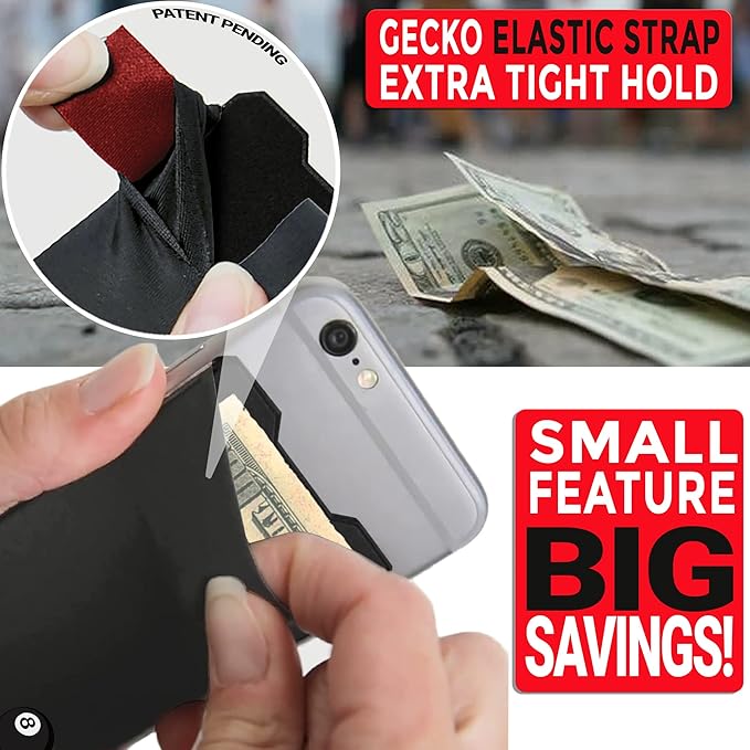 Phone Wallet - Adhesive Card Holder - Cell Phone Pouch - Stick on Lycra Pocket by Gecko - Carry Credit Cards and Cash
