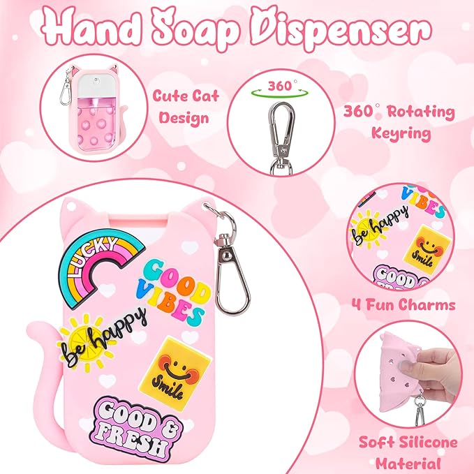 Cat Silicone Case for Touchland Hand Sanitizer Spray with Keychain & Charms,Compatible with Power Mist & Glow Mist 1 FL Oz/30ML for Touchland Case,Cute Travel Cover Sleeve Accessory (Pink Cat)