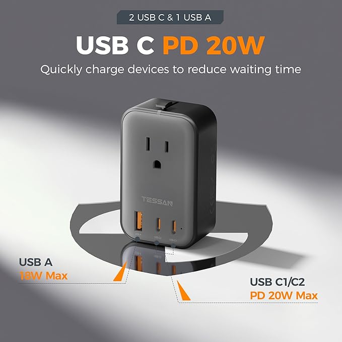 TESSAN Travel Adapter PD 20W, Universal Power Adapter 2 USB C 1 USB A, Ultra Thin International Plug Adaptor Worldwide Outlet for US to European UK Italy Spain New Zealand (Type C G A I), 1 Pack