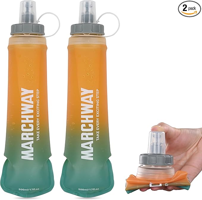 MARCHWAY Soft Hydration Flask with Wide Mouth, 300ml/500ml Collapsible TPU Water Bottle, Leakproof Portable Flexible for Running, Hiking, Cycling, Climbing, Gym, Travel (2pcs Orange-Green 300ml)