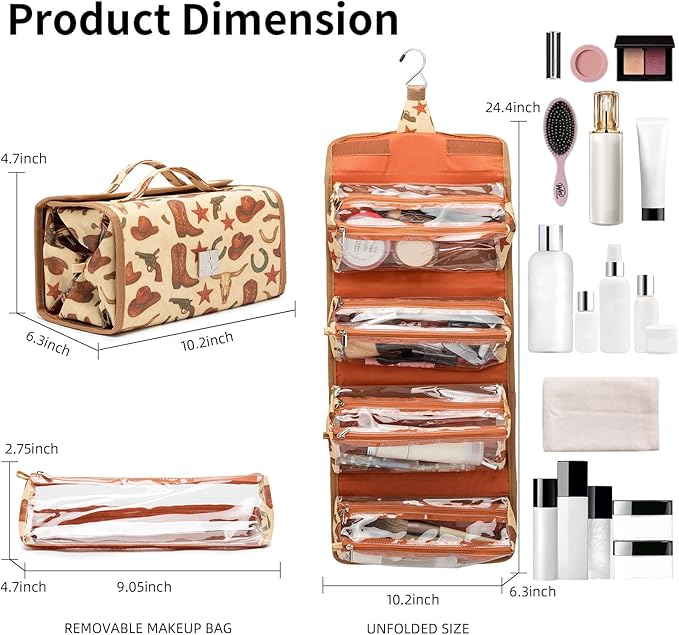 ROYALFAIR Roll Up Makeup Bag, Travel Toiletry Bag for Women with 4 Clear TSA Approved Pouches, Hanging Travel Organizer, Folding Cosmetic Bag for Men and Women