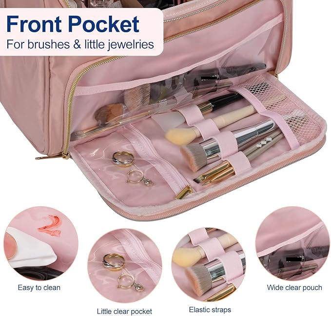 GR69N Travel Toiletry Bag Large Cosmetic Makeup Bag Organizer for Women,Wide-open Make Up Bag Waterproof Makeup Case Travel Bag with Handle and Dividers for Toiletries,Essentials,Accessories,Dark Pink