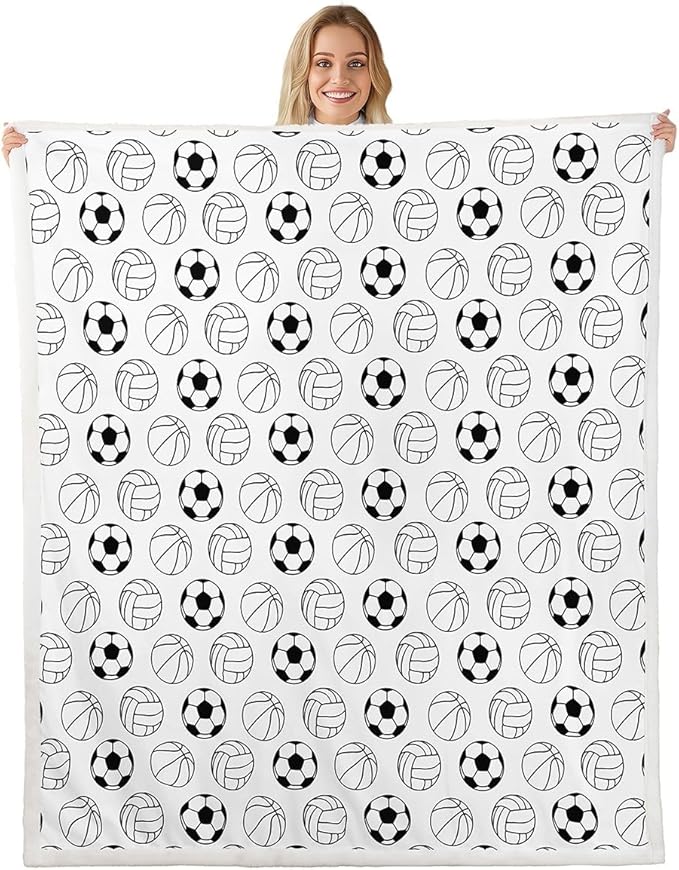 Cartoon Ball Kids Throw Blanket - Basketball, Football, Volleyball Fleece Bed Blanket for Girls, Boys, Adults - Black White Fashion Fuzzy Sports Games Blanket, Twin Size (60 x 80 Inches)