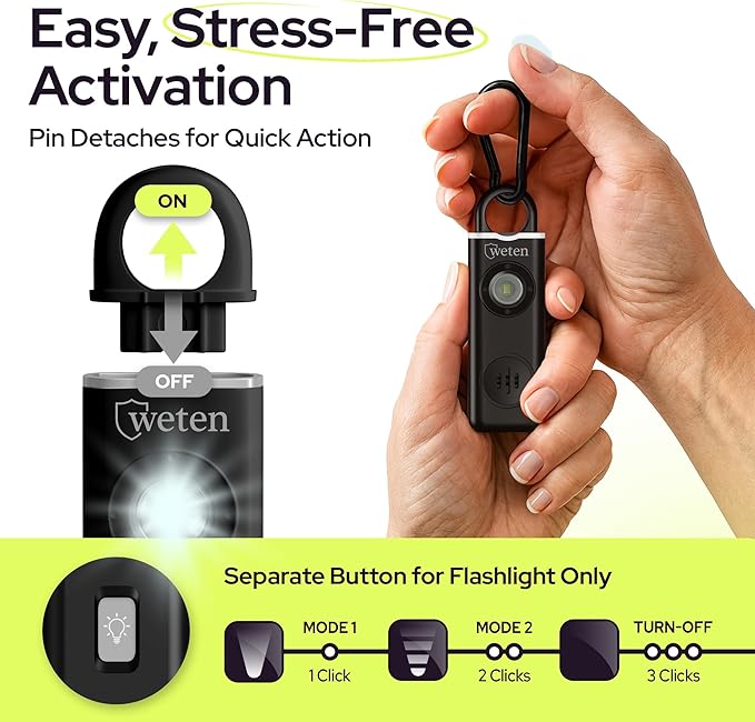 Personal Safety Alarm for Women Protection - 130dB Loud Panic Siren Rechargeable Keychain - LED Light, Carabiner Clip, Low Battery Alert, USB-C Charging Self Defense Alarm by Weten (Black)