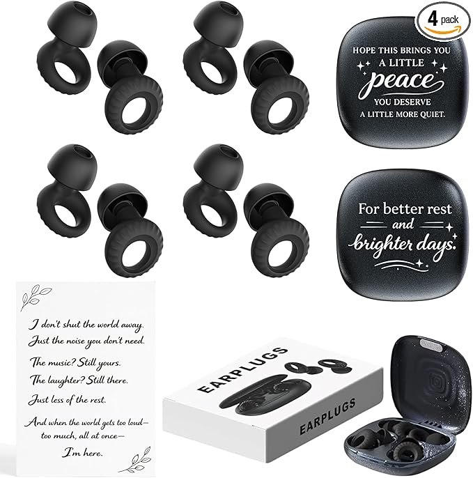 Noise Cancelling Ear Plugs for Sleeping, Concerts, Travel & Friends – 4 Pairs Reusable Silicone Earplugs for Noise Reduction & Hearing Protection, Black + Black