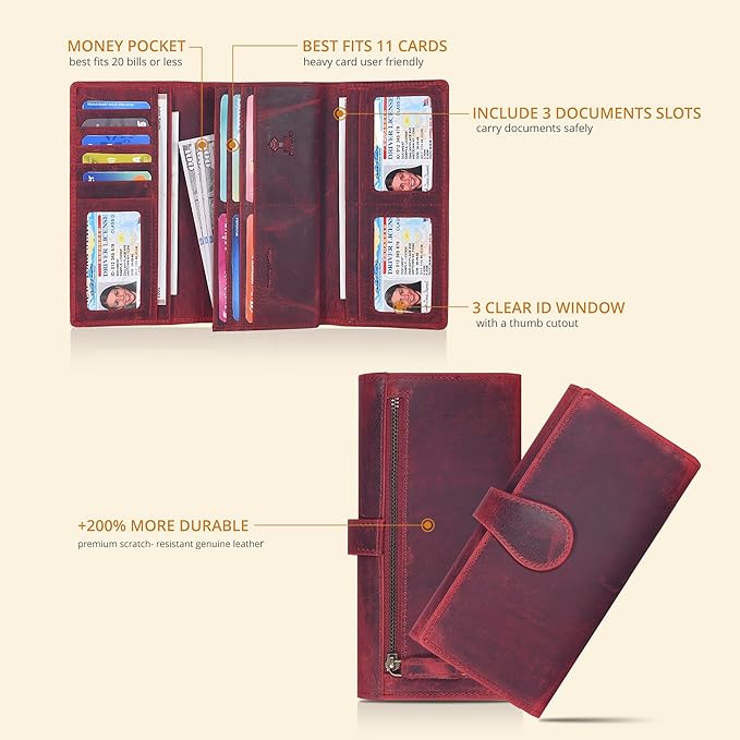 Real Leather Women Wallet Leather with RFID Blocking -Trifold Card Holder Designer Ladies Clutch with ID Window Wallets