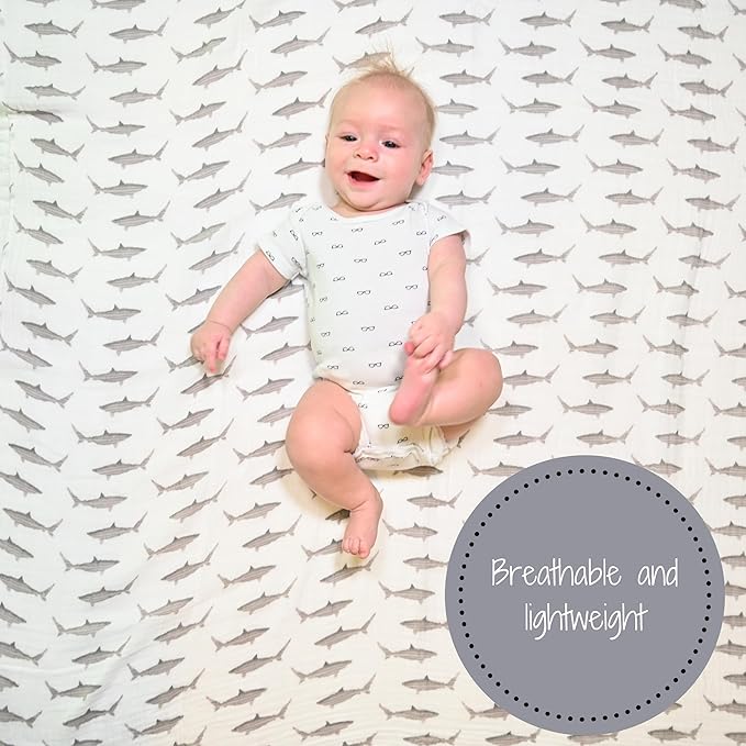 LollyBanks Muslin Swaddle Blanket, 100% Muslin Cotton Baby Blankets for Boys, 47 X 47 Inches Breathable and Soft Newborn Swaddle, Receiving Blanket for Baby, Newborn Essentials, Registry (Shark Print)